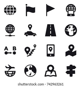 16 vector icon set : globe, flag, notebook globe, globe connect, car pointer, earth, map, signpost