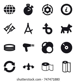 16 vector icon set : globe, stopwatch, around gear, info, draw compass, dog, inflatable pool, hair dryer, reload, hard reach place cleaning, toilet paper, paper towel