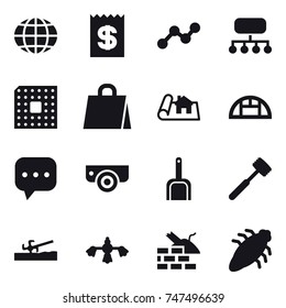 16 vector icon set : globe, receipt, graph, structure, cpu, shopping bag, project, greenhouse, surveillance camera, scoop, meat hammer, soil cutter, hard reach place cleaning, construct garbage, bug