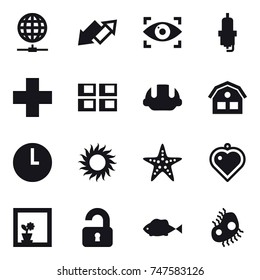 16 vector icon set : globe connect, up down arrow, eye identity, spark plug, panel house, building helmet, house, sun, starfish, heart pendant, flower in window, unlocked, microbe