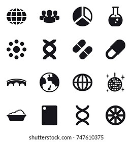 16 vector icon set : globe, group, diagram, round flask, round around, bridge, earth, disco ball, washing, cutting board, wheel