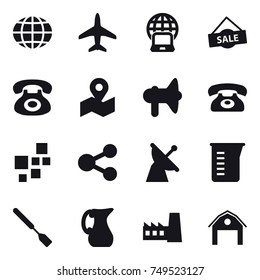16 vector icon set : globe, plane, notebook globe, sale, loudspeaker, phone, measuring cup, spatula, jug, factory, barn
