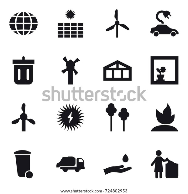 16 vector icon set :\
globe, sun power, windmill, electric car, bin, greenhouse, flower\
in window, trees, sprouting, trash bin, trash truck, hand and drop,\
garbage bin
