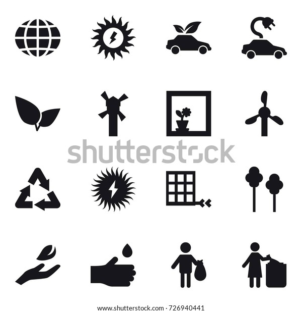 16 vector icon set : globe, sun power, eco
car, electric car, windmill, flower in window, trees, hand leaf,
hand drop, trash, garbage
bin
