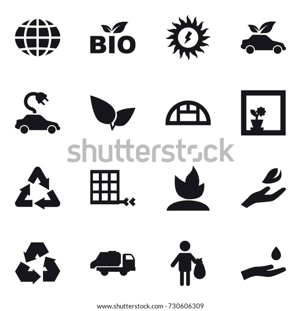 16 vector icon set :
globe, bio, sun power, eco car, electric car, greenhouse, flower in
window, sprouting, hand leaf, recycling, trash truck, trash, hand
and drop