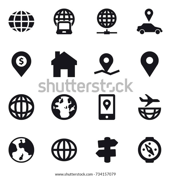 16\
vector icon set : globe, notebook globe, globe connect, car\
pointer, dollar pin, home, earth, signpost,\
compass