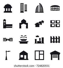 16 vector icon set : goverment house, skyscrapers, skyscraper, airport building, church, minaret, houses, panel house, school, fountain, city, fence, outdoor light, home, window, garage