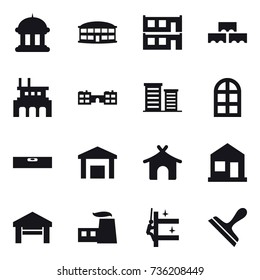 16 vector icon set : goverment house, airport building, modular house, block wall, factory, school, district, arch window, level, bungalow, home, garage, skyscrapers cleaning, scraper