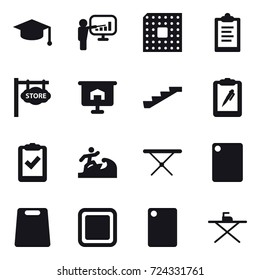 16 vector icon set : graduate hat, presentation, cpu, clipboard, store signboard, stairs, surfer, iron board, cutting board