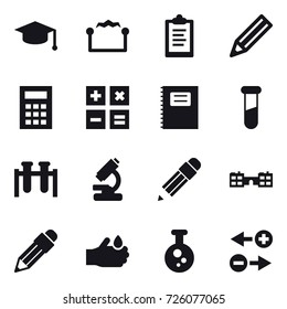 16 vector icon set : graduate hat, electrostatic, clipboard, pencil, calculator, copybook, school