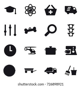16 vector icon set : graduate hat, atom, add to basket, delivery, equalizer, bone, pan, trailer, trash truck, bucket and broom