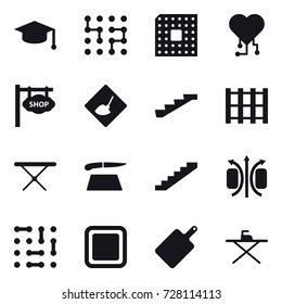 16 vector icon set : graduate hat, chip, cpu, cardio chip, shop signboard, under construction, stairs, iron board, cutting board