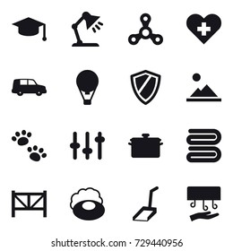 16 vector icon set : graduate hat, table lamp, spinner, air ballon, shield, landscape, pets, pan, towel, farm fence, soap, scoop, hand dryer