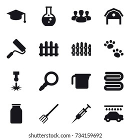 16 vector icon set : graduate hat, round flask, group, barn, repair, fence, pets, measuring cup, towel, fork, syringe, car wash