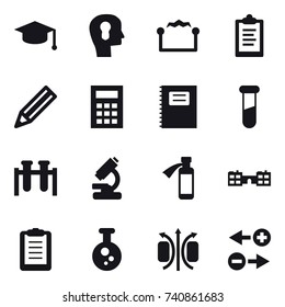 16 vector icon set : graduate hat, bulb head, electrostatic, clipboard, pencil, calculator, copybook, school