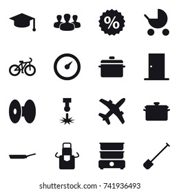 16 vector icon set : graduate hat, group, percent, baby stroller, bike, barometer, pan, door, apron, shovel