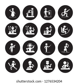 16 Vector Icon Set : Graduated, Concierge, Cooker, Cricket Player, Detective, Clerk, Engineer, Doctor, Dyer Isolated On Black Background