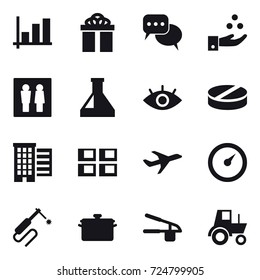16 vector icon set : graph, gift, discussion, chamical industry, wc, houses, panel house, barometer, pan, garlic clasp, tractor