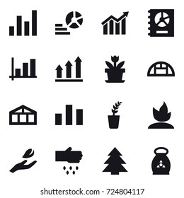 16 vector icon set : graph, diagram, annual report, graph up, flower, greenhouse, seedling, sprouting, hand leaf, sow, spruce, fertilizer