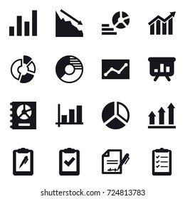 16 vector icon set : graph, crisis, diagram, circle diagram, statistic, presentation, annual report, graph up, clipboard list