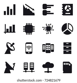 16 vector icon set : graph, crisis, diagram, annual report, chip, satellite antenna, phone wireless, server