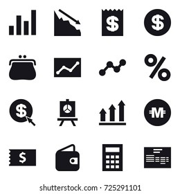 16 vector icon set : graph, crisis, receipt, dollar, purse, statistic, percent, dollar arrow, presentation, graph up, crypto currency, wallet, calculator