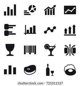 16 vector icon set : graph, diagram, statistic, graph up, wineglass, cocktail, wine, soap