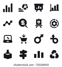 16 vector icon set : graph, diagram, presentation, dollar arrow, around gear, notebook, add to cart, signpost, recycling