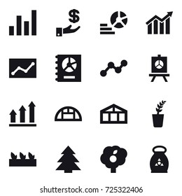 16 vector icon set : graph, investment, diagram, statistic, annual report, presentation, graph up, greenhouse, seedling, spruce, garden, fertilizer