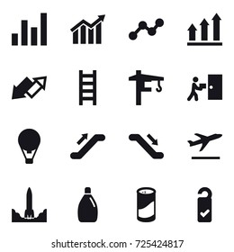 16 vector icon set : graph, diagram, graph up, up down arrow, stairs, tower crane, air ballon, escalator, departure, cleanser, cleanser powder, please clean