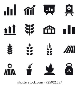16 vector icon set : graph, diagram, presentation, graph up, greenhouse, spikelets, field, seedling, sprouting, fertilizer