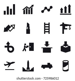 16 vector icon set : graph, diagram, graph up, up down arrow, lipstick, stairs, tower crane, departure, pickup, cleanser powder