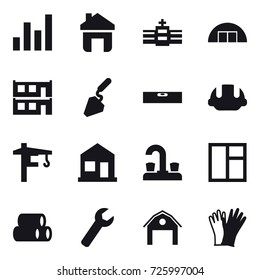 16 Vector Icon Set : Graph, Home, Hangare, Modular House, Construction, Level, Building Helmet, Tower Crane, Water Tap, Window, Wrench, Barn, Gloves