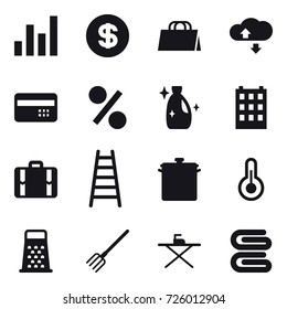 16 vector icon set : graph, dollar, shopping bag, cloude service, credit card, percent, cleanser, building, suitcase, stairs, pan, fork, iron board, stack of towels