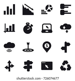 16 vector icon set : graph, crisis, diagram, stopwatch, notebook, cloude service, cloud wireless, target, dollar pin, signpost, recycling
