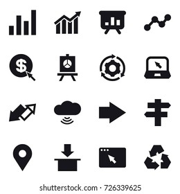16 vector icon set : graph, diagram, presentation, dollar arrow, around gear, notebook, up down arrow, cloud wireless, right arrow, singlepost, recycling