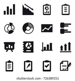 16 vector icon set : graph, crisis, report, clipboard, circle diagram, statistic, diagram, presentation, annual report, graph up