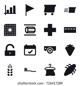 16 vector icon set : graph, flag, delivery, cpu, nanotube, bunker, unlock, surveillance camera, berry, spikelets, tooth brush, hanger, bug