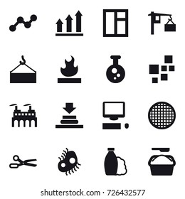 16 vector icon set : graph, graph up, window, scissors, microb, shampoo, washing powder