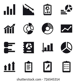 16 vector icon set : graph, crisis, report, diagram, circle diagram, statistic, annual report, graph up, clipboard, clipboard list