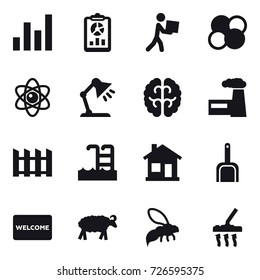 16 vector icon set : graph, report, courier, atom core, atom, table lamp, factory, fence, pool, home, scoop, welcome mat, sheep, wasp, vacuum cleaner