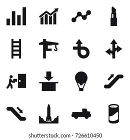16 vector icon set : graph, diagram, lipstick, stairs, tower crane, air ballon, escalator, pickup, cleanser powder