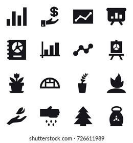 16 vector icon set : graph, investment, statistic, presentation, annual report, flower, greenhouse, seedling, sprouting, hand leaf, sow, spruce, fertilizer