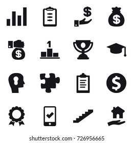 16 vector icon set : graph, clipboard, investment, money bag, money gift, pedestal, trophy, graduate hat, bulb head, puzzle, dollar coin, medal, mobile checking, stairs, housing