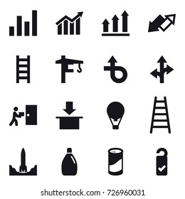 16 vector icon set : graph, diagram, graph up, up down arrow, stairs, tower crane, air ballon, cleanser, cleanser powder, please clean