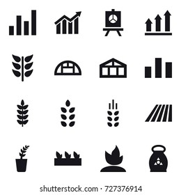 16 vector icon set : graph, diagram, presentation, graph up, greenhouse, spikelets, field, seedling, sprouting, fertilizer