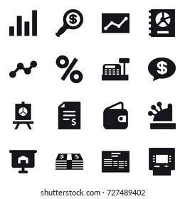 16 vector icon set : graph, dollar magnifier, statistic, annual report, percent, cashbox, money message, presentation, account balance, wallet, atm