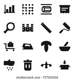 16 vector icon set : graph, chip, nanotube, atm receipt, magnifier, palace, ruler, repair, baggage trolley, iron, mortar, sow, trash bin, hard reach place cleaning, package