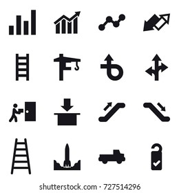 16 vector icon set : graph, diagram, up down arrow, stairs, tower crane, escalator, pickup, please clean