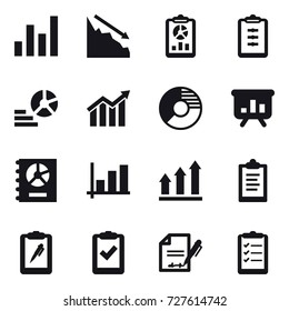 16 vector icon set : graph, crisis, report, clipboard, diagram, circle diagram, presentation, annual report, graph up, clipboard list